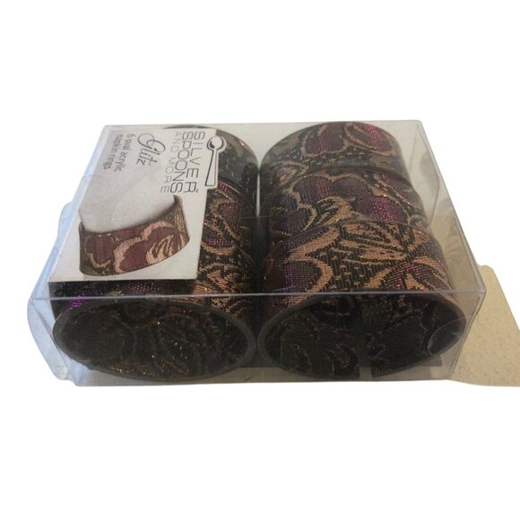 Silver Spoons Napkin Rings Set Of 6 Oval Acrylic Burgandy Gold Glitz Boxed - Picture 7 of 8